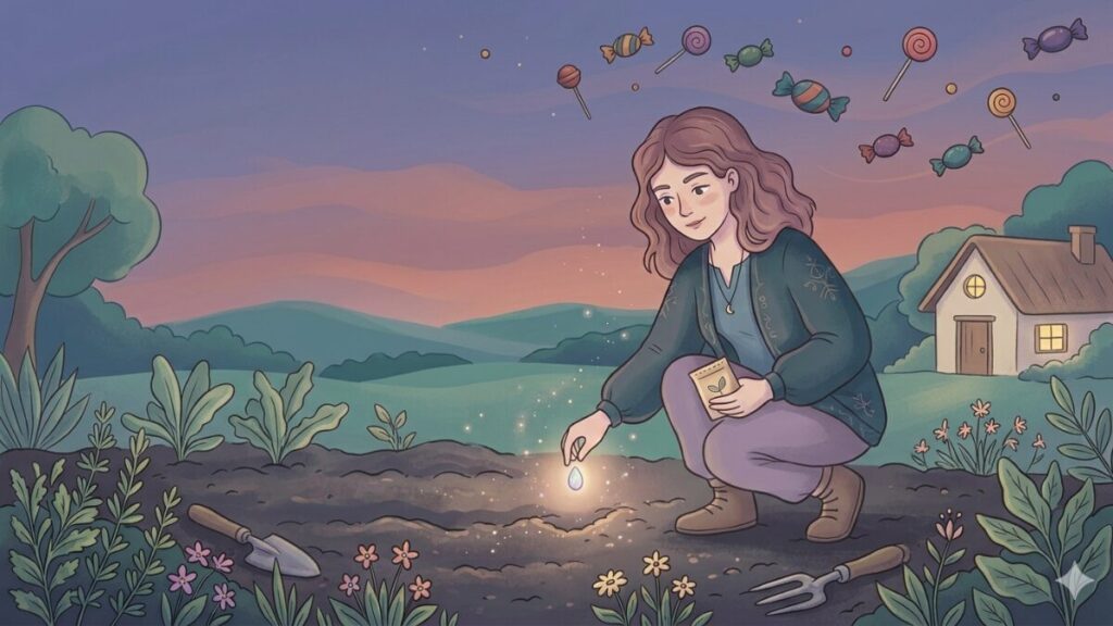 魔女が畑に自由の種をまいている